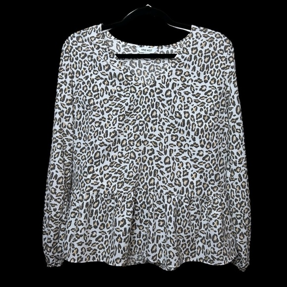 Nine West Leopard Print V Neck Ling Sleeve Peplum Top Size M - Picture 2 of 9